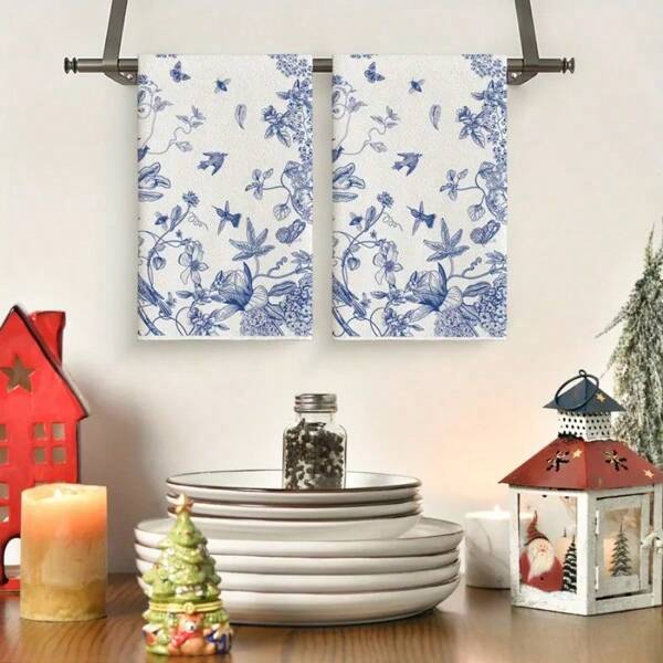2PCS. Hand Towels With Blue And White Flower Patterns, Washable And Machine Washable, Strong Water Absorption, Comfortable And Soft, Made Of Polyester Microfiber Towel, In One Size Fits All; 15.75 Inches * 23.62 Inches, Suitable For Kitchens, Restaurants, Homes, Hotels, Bathrooms, Daily Use, Holiday Gifts