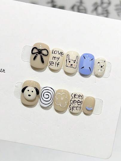 10pcs Summer Cute Hand-Painted Bowknot Puppy 3D Embossed Handmade Acrylic Press On Nails Short Square Round Fake Nails With Jelly Glue And Nail File, DIY Nail Art Supplies