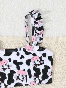 Young Girl Cow Print Ruffle Trim Bikini Set - Multicolor - View 4