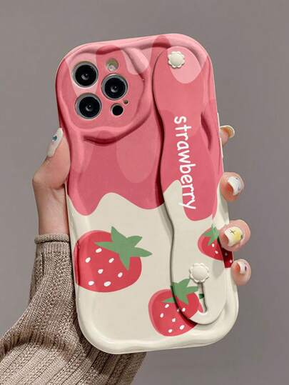 1 件时尚腕带草莓印花加厚高防摔手机壳带支架，兼容 Apple 及系列防水防震防摔防刮