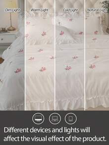 2/3件套优雅花卉刺绣床上用品套装，带荷叶边，包含被套和枕套，不含填充物（1个被套和1/2个枕套） - 白色 - 查看 8