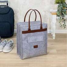 MADE IN TURKEY Felt Styles Shoes Bag With Leather Handle Organizer Bag | 35x22x40 Cm | Leather Handle - Grey - View 1