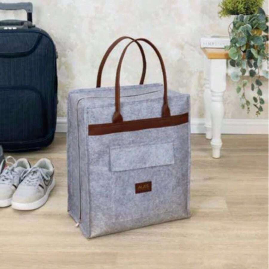 MADE IN TURKEY Felt Styles Shoes Bag With Leather Handle Organizer Bag | 35x22x40 Cm | Leather Handle - Grey - View 1