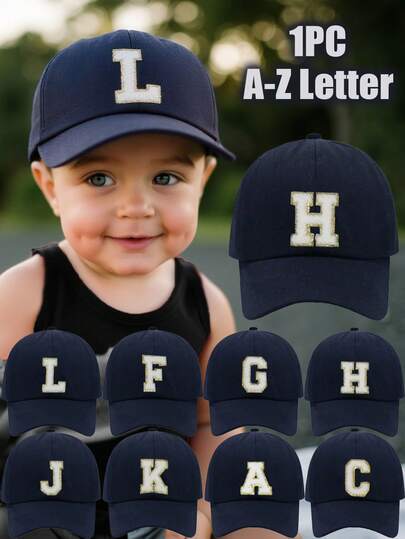 1 pieza Gorra de béisbol azul marino sólida con 26 letras del alfabeto, adecuada para niños pequeños, recién nacidos, niños y niñas, gorra infantil clásica ajustable, sombrero de cumpleaños, adecuada para uso casual en primavera/verano, vacaciones