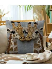 1pc Super Soft Short Plush Single-Sided Printed Throw Pillow Cover, 18" X 18", Non-Embroidered, "Giraffe Day Lets Us Connect" Design, Square Cushion Cover For Sofa Bed Bedroom Car Living Room, No Filler