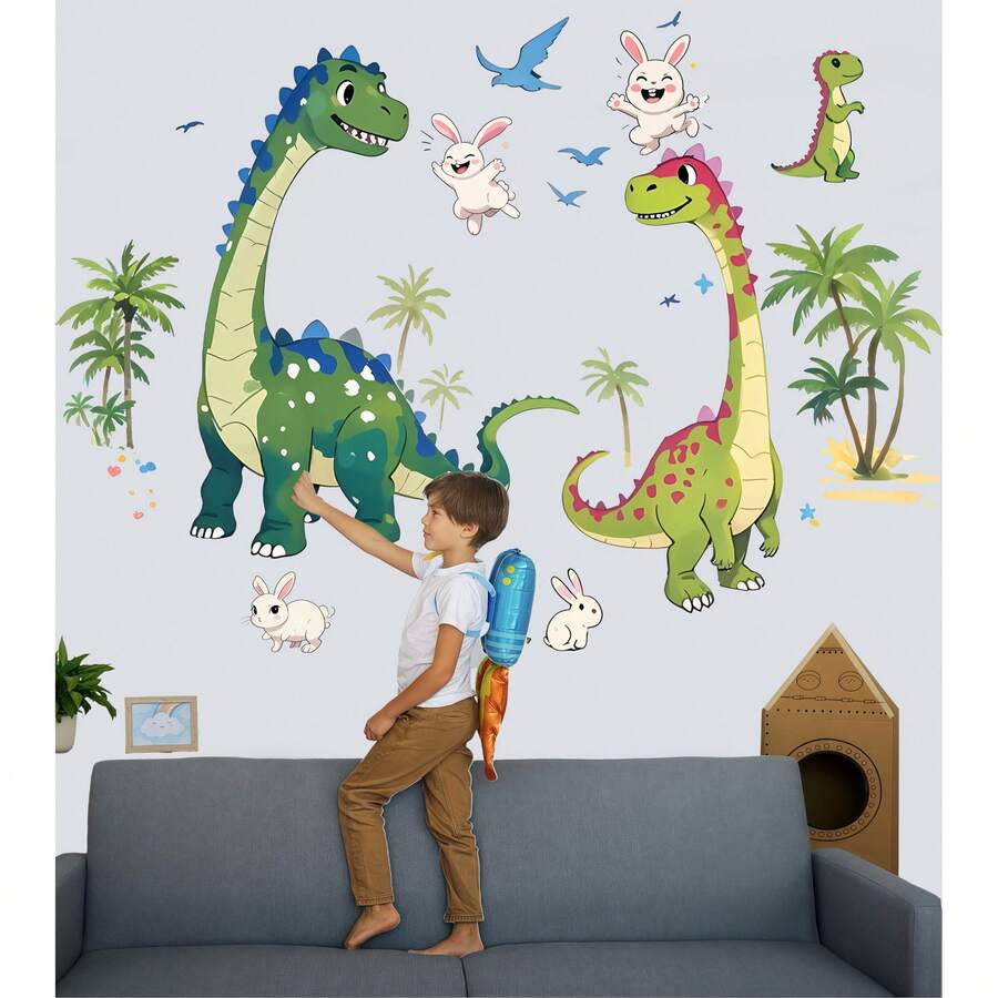 Pegatinas de dinosaurios de dibujos animados para la habitación de los niños, dormitorio, guardería, decoración del aula, autoadhesivas y extraíbles, animales gigantes de dinosaurios favoritos de los niños