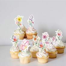 16 Stück Frühlingsschmetterling & Blumen Aquarell Dessert Deko Cupcake Aufstecker