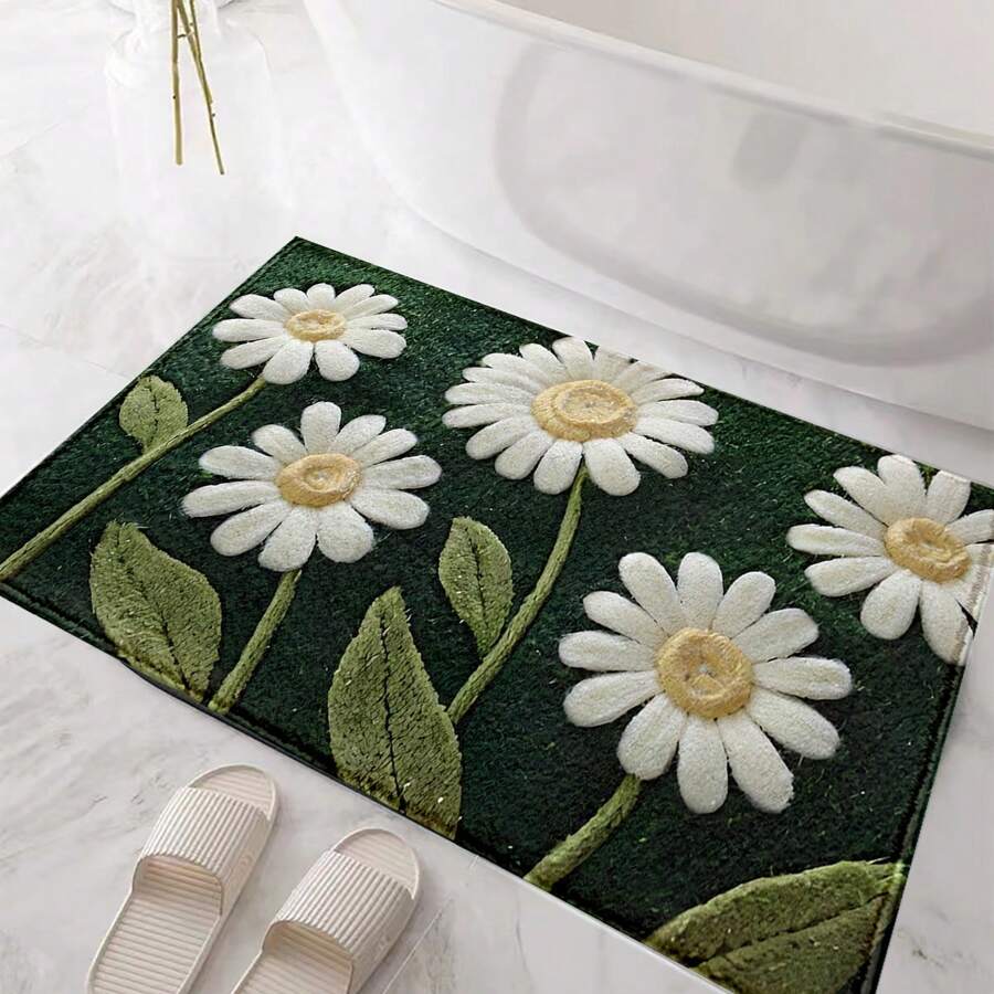 1pc Soft White Flower Print Faux Lambswool Bathroom Mat, Kitchen Rug, Doormat - Super Plush Microfiber, Suitable For Kitchen And Bathroom, Decorative Doormat