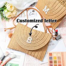 1pc Customized Simple Versatile Handwoven Hollow Straw Tote Bag, Suitable For Beach Holiday Shoulder Bag