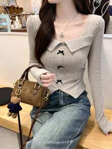 Vintage American Sexy Bowknot Collar Long Sleeve T-Shirt For Women, Slim Fit Casual Tee