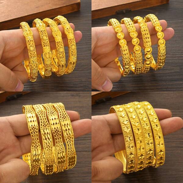 4pcs Golden Color African/Arabic Style Hollow Fashionable Bracelet, Elegant Women Bangle, Gift For Dubai Daily, Birthday, Party,Holiday