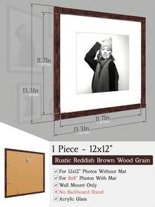 1个5x7/8x10/8x8/12x12/12x16英寸复古风格相框，采用质朴的红棕色木纹，可作墙面装饰，充满怀旧气息，配有衬垫，做旧表面工艺，材质独特，可作拼贴画廊相框，是承载经典怀旧故事的理想礼物。