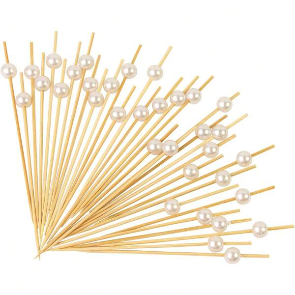 100pcs/Pack Pink And White Solid Color Appetizer Sticks, Bamboo Skewers, Fruit Picks, Pearl Style Cocktail Sticks, Suitable For Summer Parties, Various Festivals & Birthday Gatherings,School Supplies