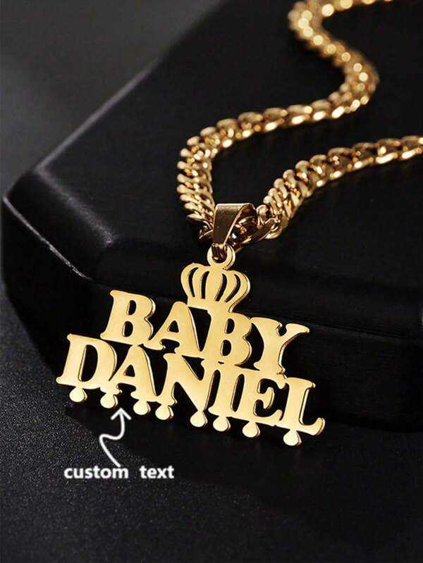 1 Pc Back To School Season Gift,Customized Name Necklace Thick Chain With Square Faux Pearl Pendant,  Stainless Steel Big Bold Nameplate Necklace Personalized Jewelry Party Anniversary Gift For Boyfriend/Husband Gold Stylish