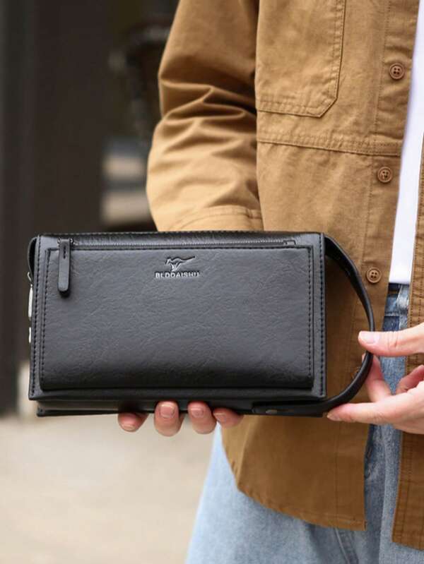 Plus Size Men's Long Genuine Leather Clutch Wallet, Business Travel Passport Phone Holder, Credit Card Case, Anti-Theft Password Lock Handbag Black Purse Valentine'S Day Gift