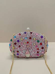 Rhinestone Embellished Pink Evening Clutch Bag With Detachable Gold Chain, Luxury Shiny Mini Evening Bag For Women, Suitable For Formal Party, Banquet, Prom, Wedding, Cocktail Party. Can Be Paired With Party Dresses, Evening Gowns, And Sequin Outfits. - Pink - View 5