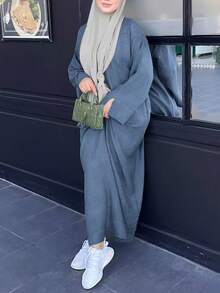 纯色优雅圆领长袖长款休闲修身女士连衣裙，日常穿着