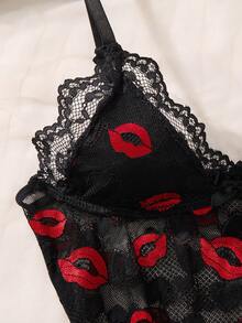 Women's Multi-Color Red Lip Lace Nightgown - Black - View 4