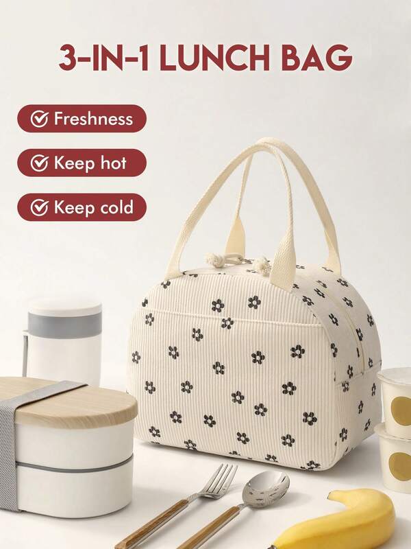 1 Piece Corduroy Portable Thickened Lunch Bag, Large Capacity Insulated Lunch Box Bento Bag, Soft Reusable Material, Top With Double Handles And Zipper, Multifunctional Insulated Lunch Box Bag, Unisex Lunch Box Bag, School Lunch Box, Bento Box Picnic Bag, Suitable For School, Work, Camping, Office, Autumn And Winter Home Decoration