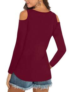 tooluck Women's Elegant Deep V Neck Off Shoulder Long Sleeve Top Slim Fit - 酒紅色 - 查看 4