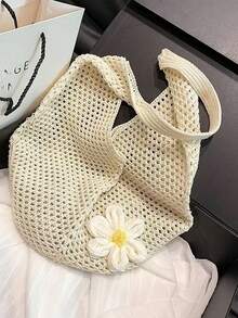 春季新款女士编织包，时尚托特包手提包单肩网袋，时尚百搭沙滩旅行包 - 米色 - 查看 1