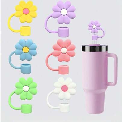 6种随机颜色，小雏菊造型吸管套，硅胶材质，可重复使用，防尘，适用于8-10毫米吸管，派对和野餐装饰品，可爱花朵造型水杯吸管套 - 防尘保护吸管