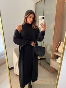 ANASTACIA MAXI CARDIGAN COAT SET + SLEEVELESS RIBBED DRESS IN HIGH QUALITY MODAL AUTUMN AND WINTER - Black - View 3