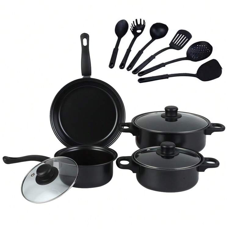 [19pcs Heavy-Duty Non-Stick Cookware Set] 19pcs Non-Stick Cookware Set With Glass Lids | Durable Easy To Clean Kitchen Cookware For Home Cooking | Includes Frying Pan, Saucepans, Pots | Multiple Options (1pc 24Cm/26Cm/28Cm Pan) - Black - View 2