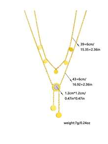 1 件双层不锈钢雕刻圆盘镀金链项链 - 白金多層 - 查看 5