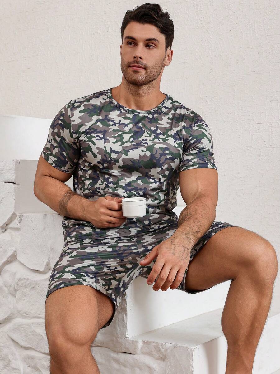 Men's Youth Pajama Set, Round Neck Short Sleeve Shorts, Loose Floral Casual Loungewear Suitable For Spring/Summer - Army Green - View 1