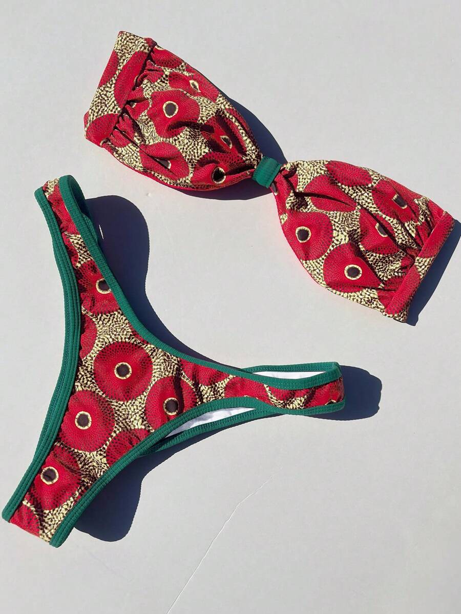 Women European And American Style Sexy Allover Print Bandeau Bikini Set