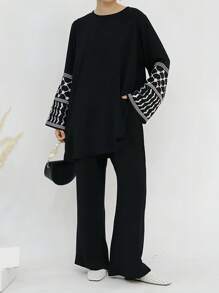 女士两件套宽松套装，2026春夏款，几何刺绣图案袖口设计 | 中东优雅两件套，时尚斋月长袍套装，优雅阿拉伯服饰 - 黑色 - 查看 4