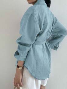 Women's Casual Minimalist Solid Color Off-Shoulder Loose Wrap Tie Front Shirt, Suitable For Spring And Autumn - Light Blue - View 2