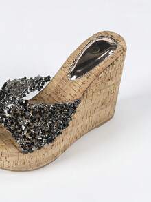 女士时尚厚底坡跟水钻拖鞋凉鞋 - 黑色 - 查看 4