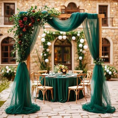 1 Stück/2 Stück tiefgrünes Bogen-Hängemeshnetz, 75 cm-300 cm/600 cm/800 cm, DIY rustikale Hochzeitsdekoration, hängende transparente Vorhänge, Geburtstagsdekoration, Mehrgröße weiches Tüllvorhang, Hochzeitsparty Zubehör, Heimdekoration, einfach aufzuhängen, vielseitig einsetzbar, Stoff für Innen und Außen auf der Terrasse