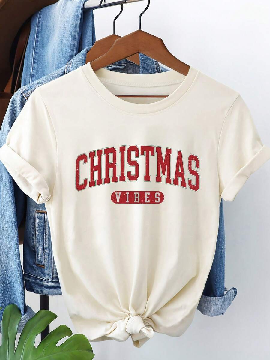 T-shirt femme à col rond à manches courtes avec impression de slogan de Noël - abricot clair - Voir 1