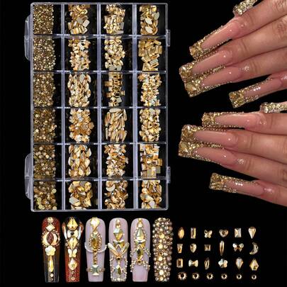 24颗香槟色美甲水钻套装，含点钻笔，包含菱形、蝴蝶结、五边形、马眼形和心形美甲装饰，多种形状，适合DIY，3D立体装饰，美甲用品，日常及旅行装饰皆宜。