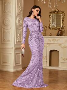 hezixi Stretchy Sequin Dress, Comfortable Fit For Different Body Types, Sheer Round Neck Long Sleeve Bodycon Mermaid Hem Formal Gown - 紫丁香色 - 查看 1