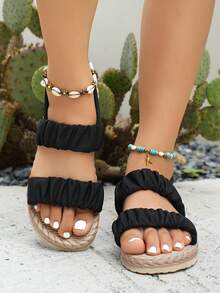 Women's Flat Sandals, Casual Summer Ruffle Flat Sandals, Comfortable Open Toe Slip-On Beach Shoes, Elastic Ankle Strap Casual House Slippers, Suitable For Indoor, Beach And Vacation - Black - View 3