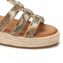 calcena 女式多带帆布厚底凉鞋，带踝扣 - 露趾夏季编织鞋底鞋 - 米色 - 查看 2