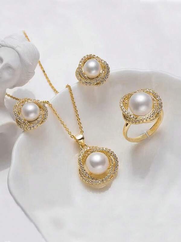 4 Peças Conjunto de Joias em Aço Inoxidável, Inclui Colar, Brincos, Anel, Colar Decorativo com Pérola Falsa Elegante Vintage e Pétalas de Rosa com Strass, Adequado para Uso Diário/Festivo Feminino, Presente para o Dia das Mães e Dia dos Namorados, Mãe, Dia das Mães, Presente