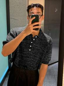 Men's Solid Color Short-Sleeved Single-Breasted Daily Casual Loose Knit Top