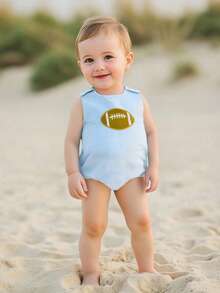 Newborn Football Outfit Baby Girl Boy Summer Romper Overalls Football Embroidery Stripe Print Sleeveless Round Neck Bodysuit Jumpsuit Summer Clothes - 藍色 - 查看 2