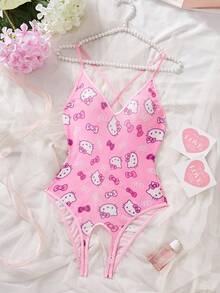 Sanrio 印花蝴蝶结V领透视蝴蝶结泰迪连体衣，性感女士内衣连体衣 - 淺粉色 - 查看 5