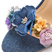 Sandalias de tacón alto con flores de perla y tela vaquera azul - Azul vaquero - Ver 5