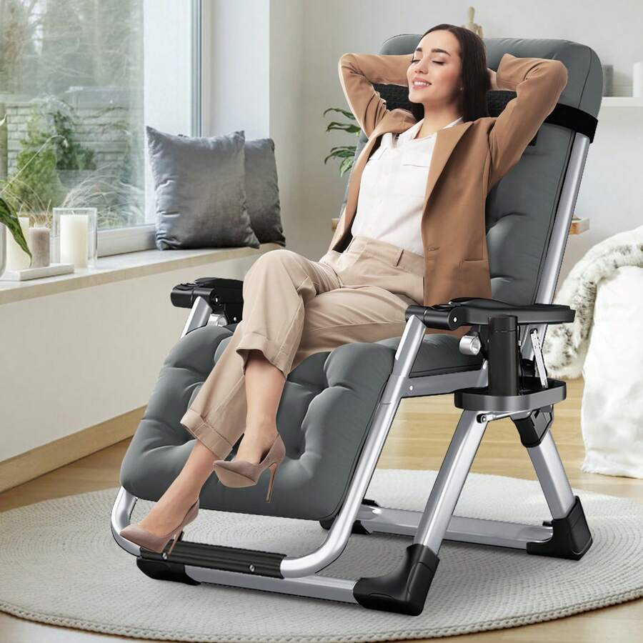 DoCred Zero Gravity Chair, Premium Lawn Recliner Folding Portable Chaise Lounge With Detachable Cushion, Headrest And Cup Holder, Reclining Patio Lounger Chair - 深灰色 - 查看 1