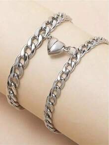 2pcs/Set Minimalist Stainless Steel Heart Bracelets, Fashion Bracelets For Boys & Girls, Gift - 2pcs/set - View 1