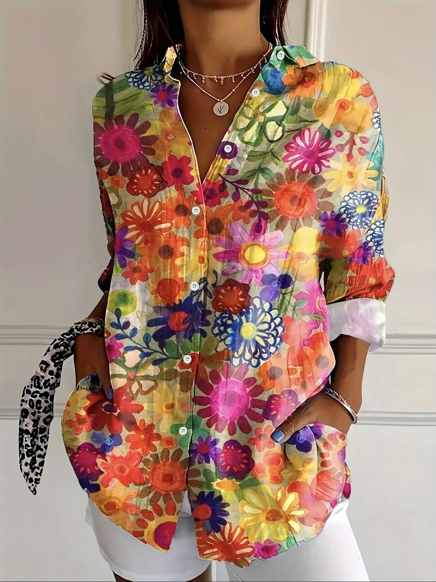 彩色印花休闲衬衫 - 单排扣长袖翻领上衣 - 四季居家、外出、办公穿着