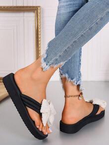 Women's Bow Decor Flip Flops, Fashion Outdoor Wear Slippers New Non-Slip Thick Sole Beach Sandals Summer Wedge - Beige - View 6