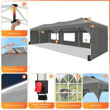tooluck 10x30ft Pop Up Canopy Tent Gazebo For Parties With 5 Sidewalls Push Center Lock & Air Vent Waterproof & UPF50+ Gazebo Outdoor Tent For Party Wedding BBQ With 4 Sandbags 8 Stakes & 16 Ropes,Grey - 灰色 - 查看 6